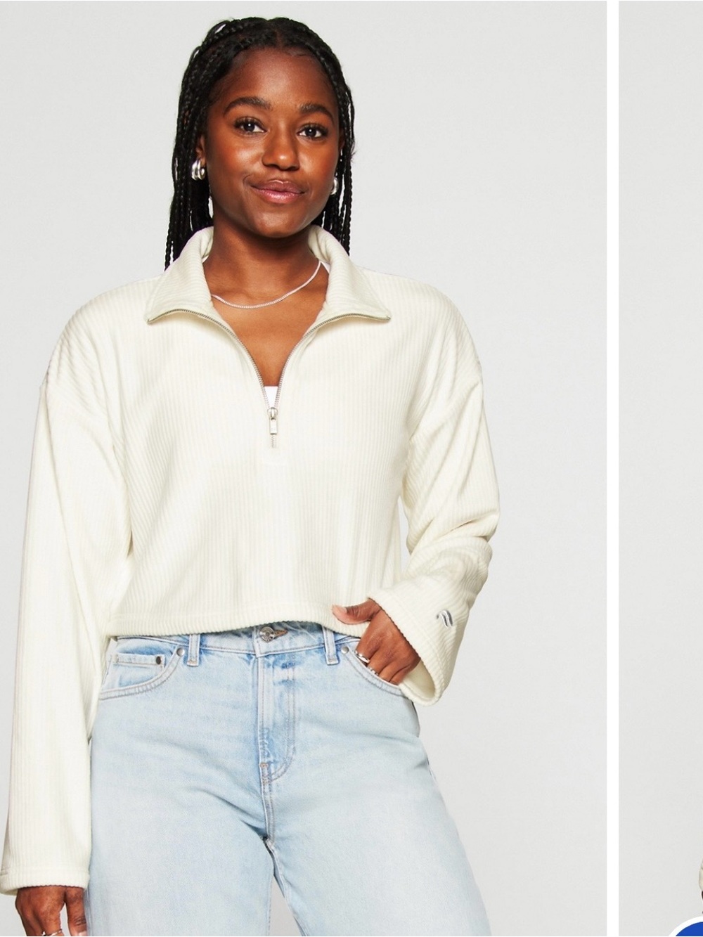 Fabletics Cream Ribbed Half-Zip Cropped Pullover